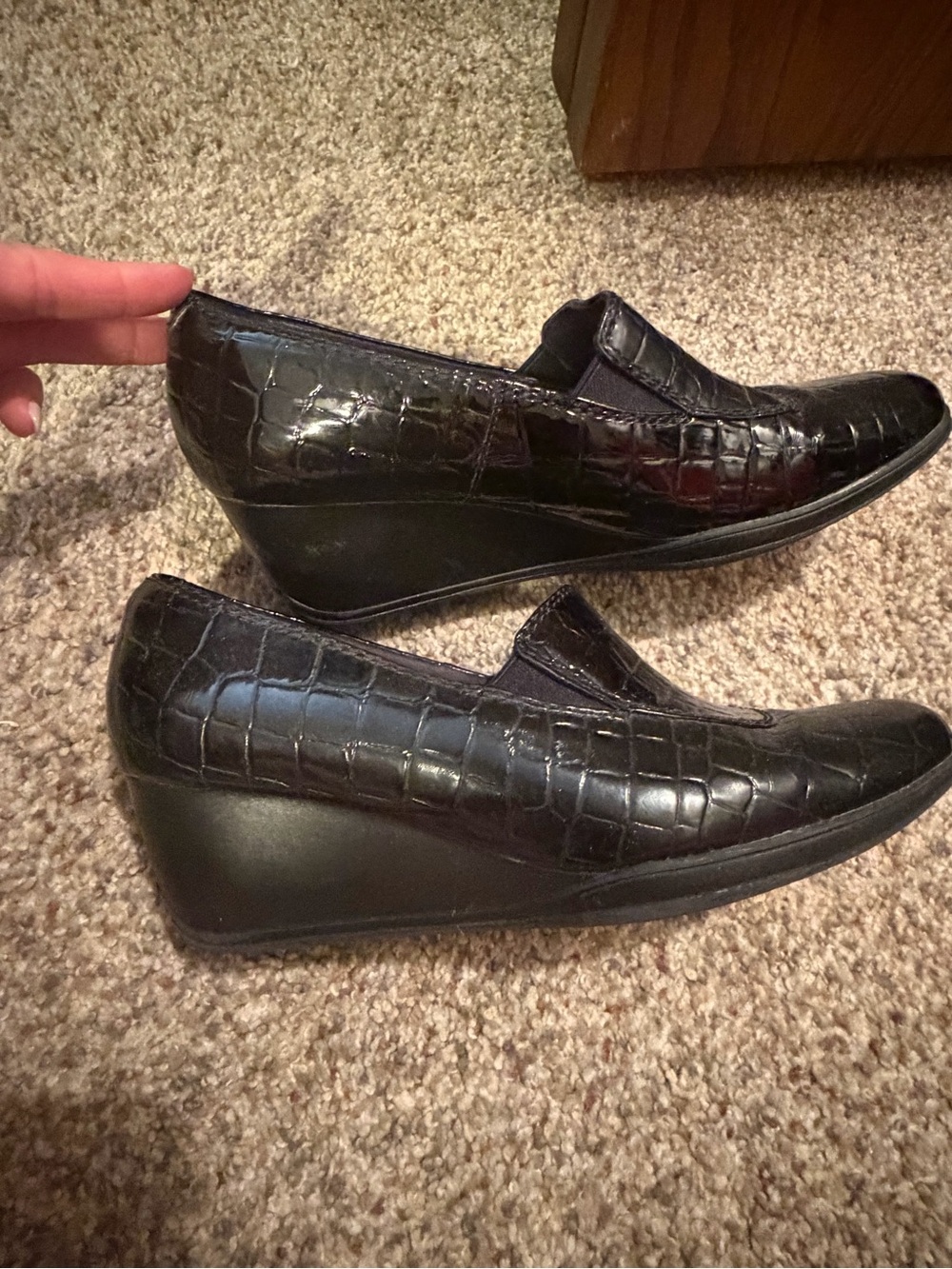 Clarks Black Croc-Embossed Leather Wedge Loafers